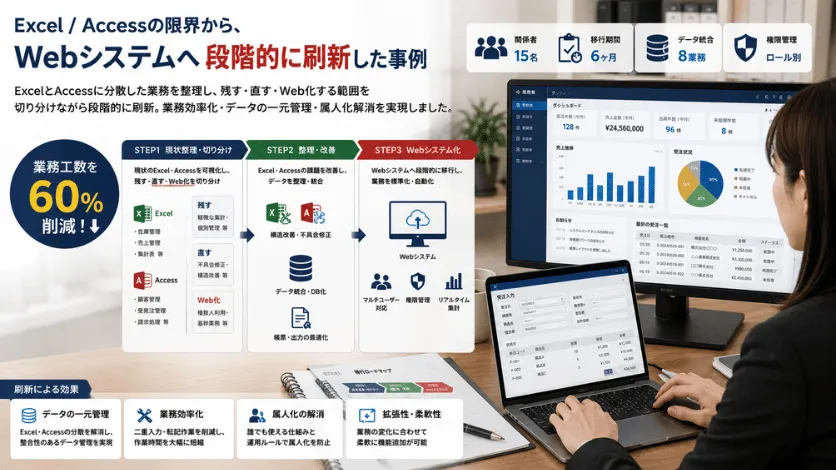 Excel ・ Accessの限界から、Webシステムへ段階的に刷新した事例のシステム画面イメージ