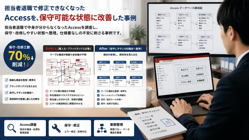 担当者退職で修正できなくなったAccessを、保守可能な状態に改善した事例のシステム画面イメージ
