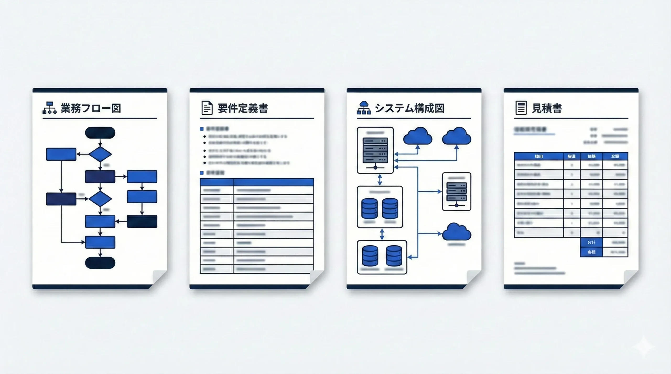 受託開発の主要成果物（業務フロー・要件定義書・構成図・見積）
