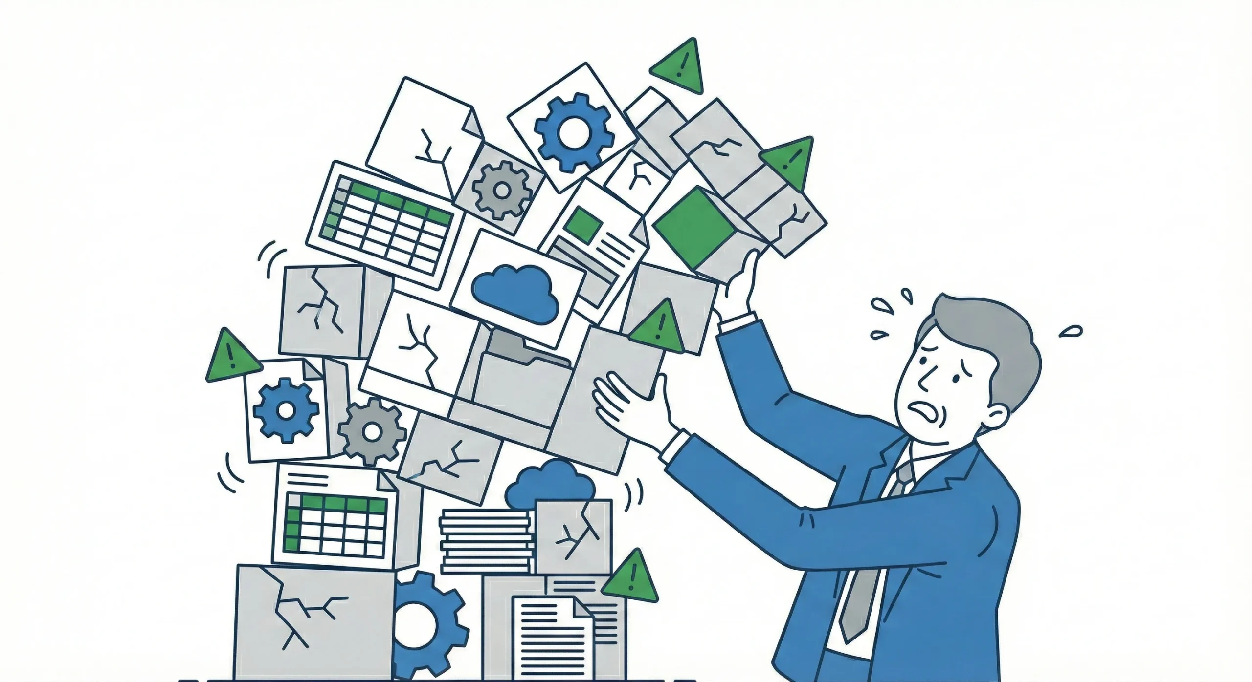 Excel自動化が属人化と継ぎ足し改修で崩れるイメージ