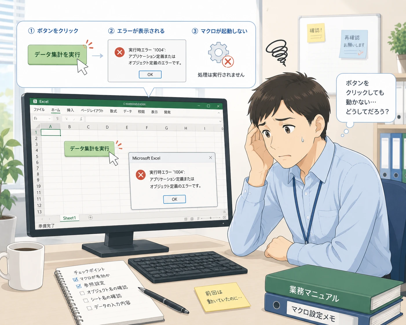 Excelマクロのボタンを押しても動かない原因｜イベント・リンク切れ・保護設定