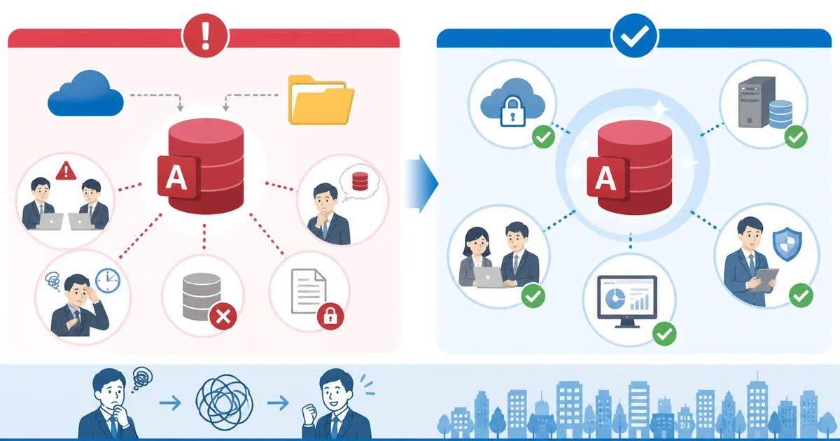 AccessをOneDriveや共有フォルダで使うリスクと代替案 という記事の要点を図解するイメージ(記事内イラスト)