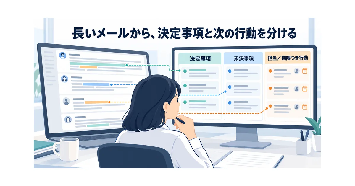 長いメールのやり取りをAIが要点・未決事項・担当者の確認欄に整理し、人が内容を照合している様子