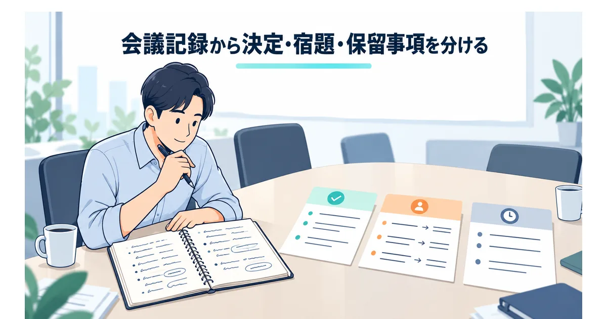 会議記録から決定事項・担当と期限のある宿題・保留中の論点を分けた要約を人が議事録と確認する場面