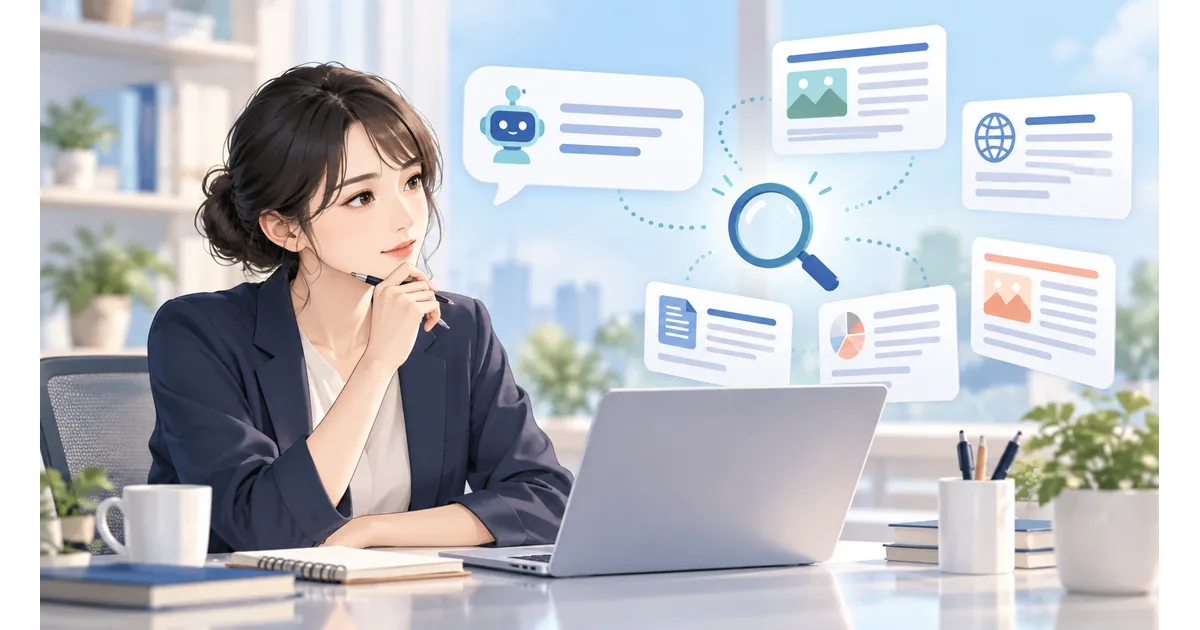 毎日の質問や調べものに使うChatGPT、Gemini、Copilot、Claude、Perplexityの用途を示す5種類のチャット画面と検索カード
