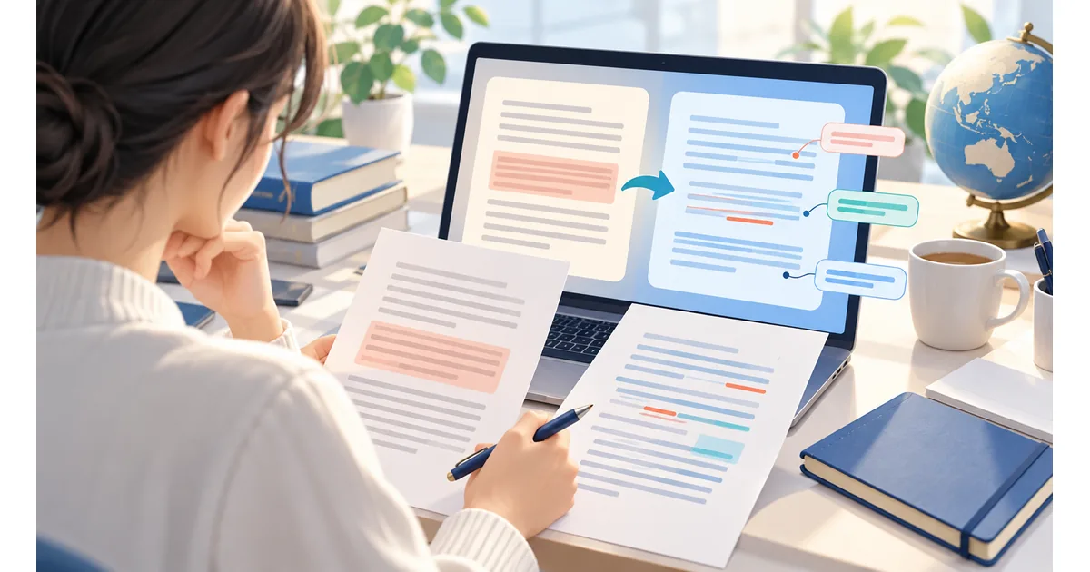 Gemini Notebookで資料を要約し、DeepLで短文を翻訳し、GrammarlyとLanguageToolで英文を確認する日常の作業風景