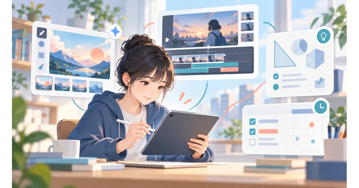 CanvaとAdobe Expressで画像を整え、Goblin Toolsが家事の手順を分け、Photomathで数式を学び、CapCutとSunoで動画や音楽を試す6つの場面
