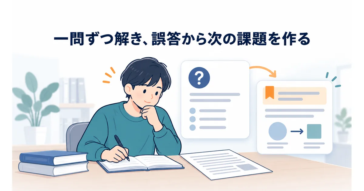 授業資料を参照するAIが小テストを出し、学習者が自分で回答して根拠と解説を見直す学習風景