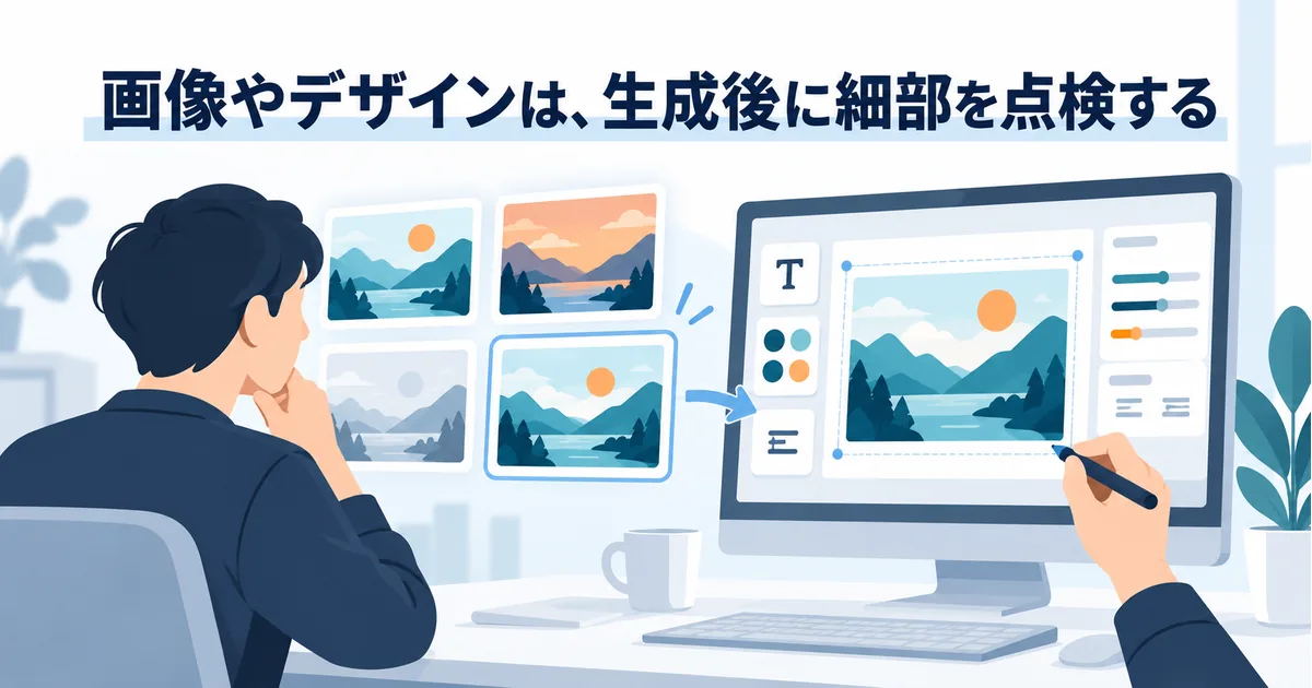 AIで複数の告知ビジュアル案を作り、編集画面で文字や配色を人が調整して仕上げる創作作業