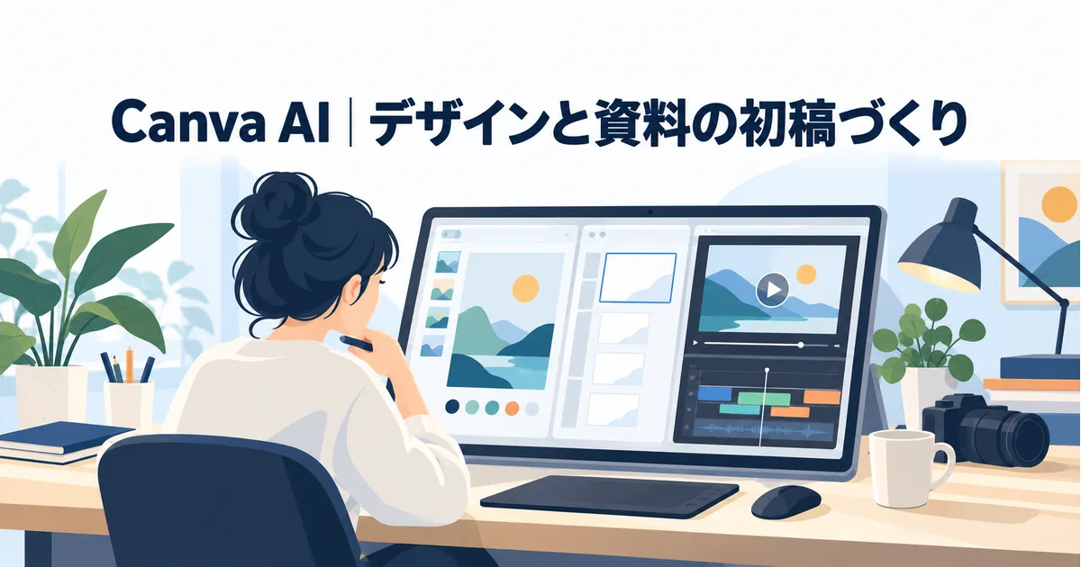 画像生成、スライド作成、動画編集のAIアプリを使い分けている制作担当者の机のイメージ