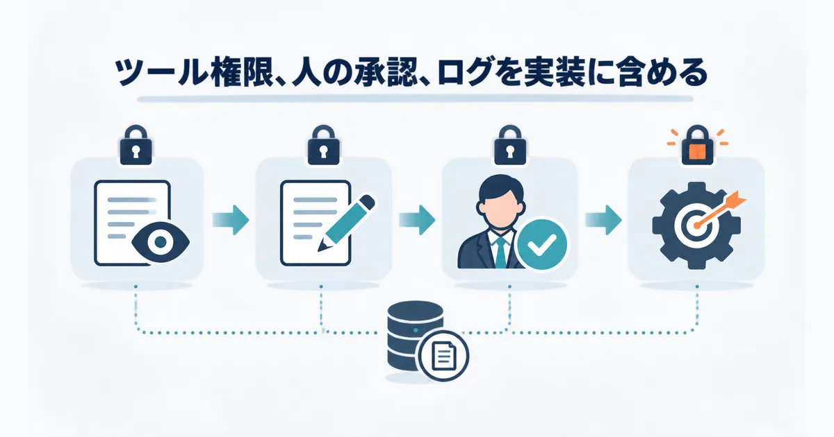 AIエージェントの閲覧権限から下書きと人の承認を経て限定された実行権限へ進む段階図