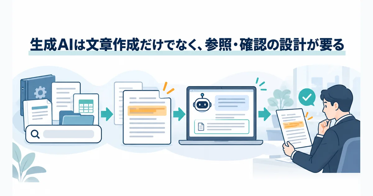 社内手順書を検索して根拠箇所を表示し生成AIの回答案を人が確認する画面イメージ