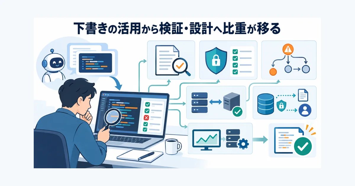 エンジニアが生成AIのコード案とテスト結果を比較し、仕様やセキュリティ、例外処理を人の目でレビューしている様子