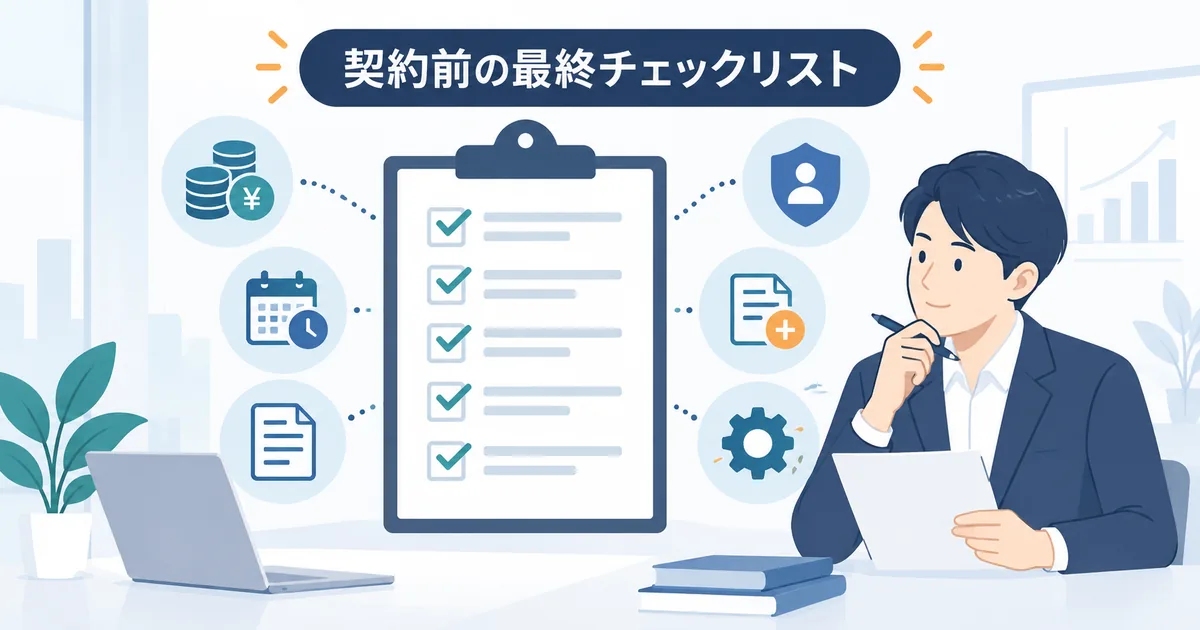 AIシステムの発注前に、費用・期間・成果物・責任範囲・追加費用・運用を最終チェックする担当者の確認表のイメージ