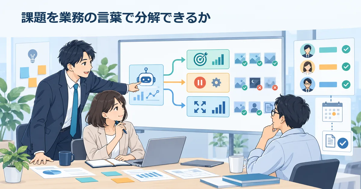 業務フローを確認しながらAIシステムの導入範囲を整理する担当者と開発会社の打ち合わせ