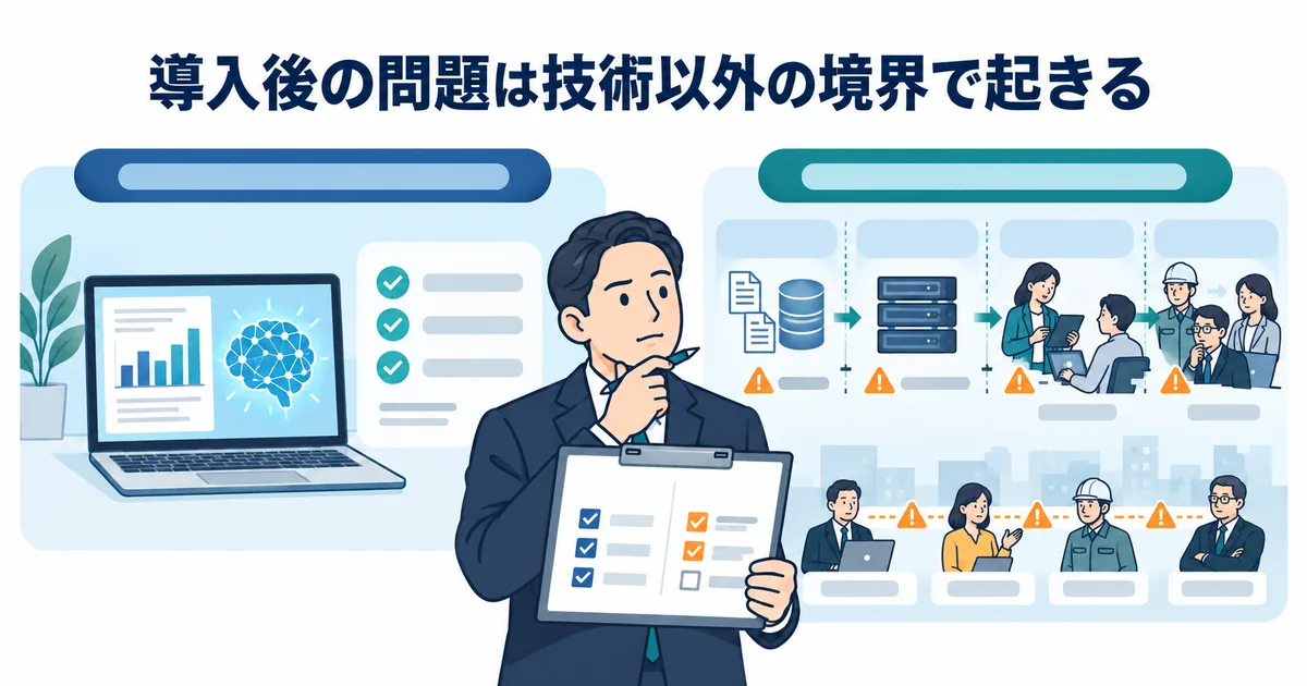 技術デモと実業務の評価軸を分けて比較する発注担当者のイラスト
