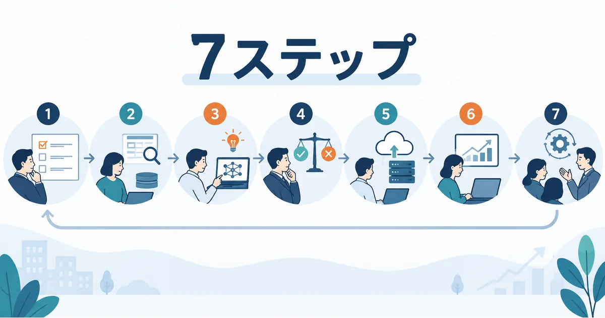 AIシステム開発の検討を、業務選定・データ確認・小さな検証・本番化判断・運用改善へつなぐ7段階のロードマップのイメージ