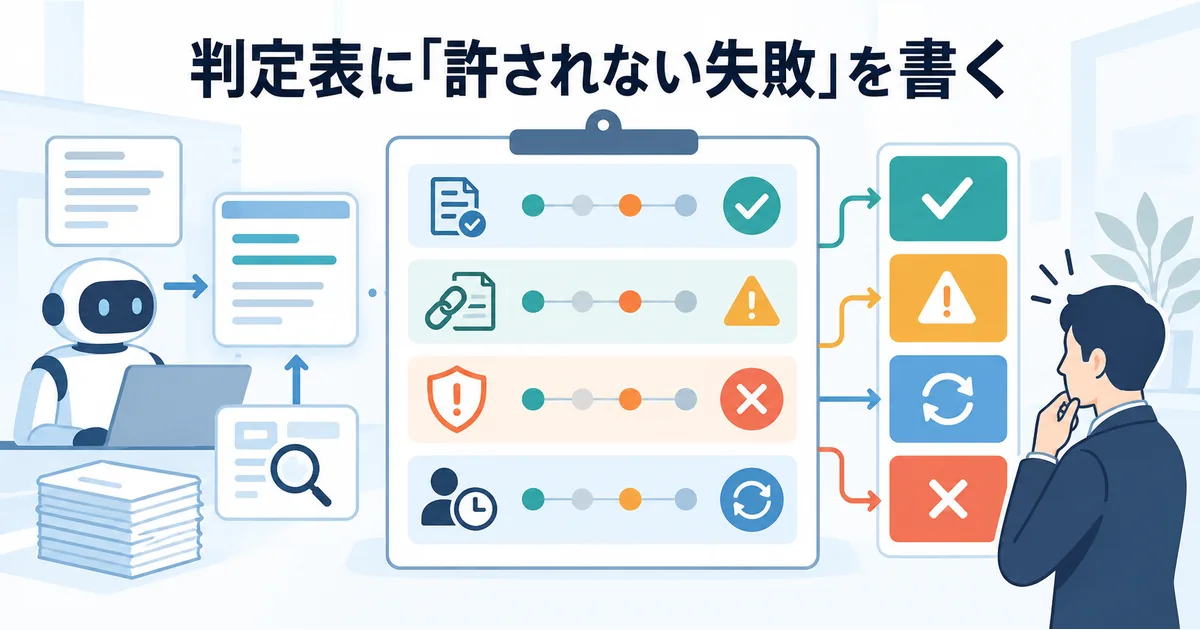 AI評価を回答の正しさ・根拠の妥当性・重大な失敗・人の確認時間に分け、採用判断へつなげるチェック表のイメージ