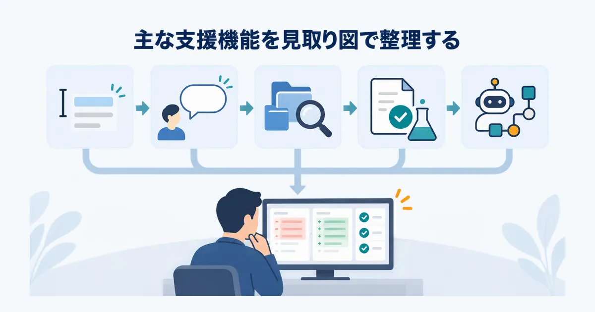 コード補完、チャット、コードベース検索、編集・テスト、エージェントを開発工程に並べた図