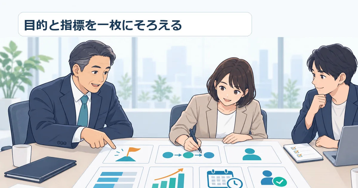 経営者と現場責任者が、AI導入の目的、現状値、目標値、測定担当を一枚の業務改善シートで確認している様子