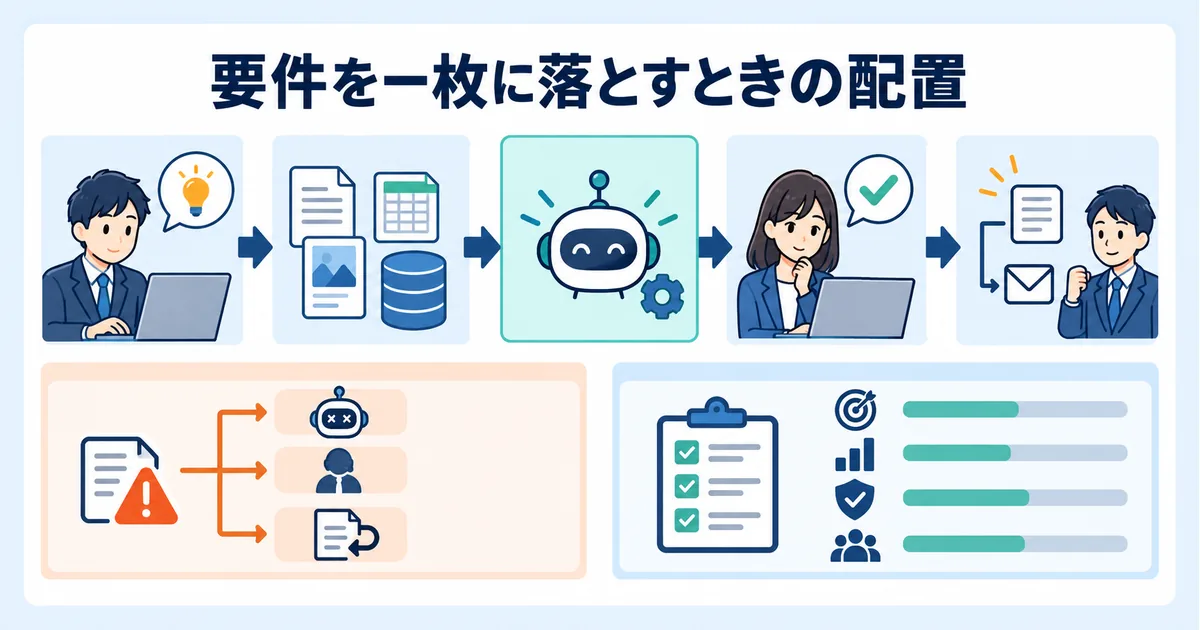 対象業務、入力データ、AIの出力、人の確認、例外時の対応を一枚で整理した要件定義シート