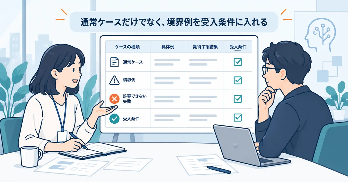 業務担当者と開発担当者が、AIの出力・人の確認・業務上の合格条件を一枚の要件定義シートに整理しているイメージ