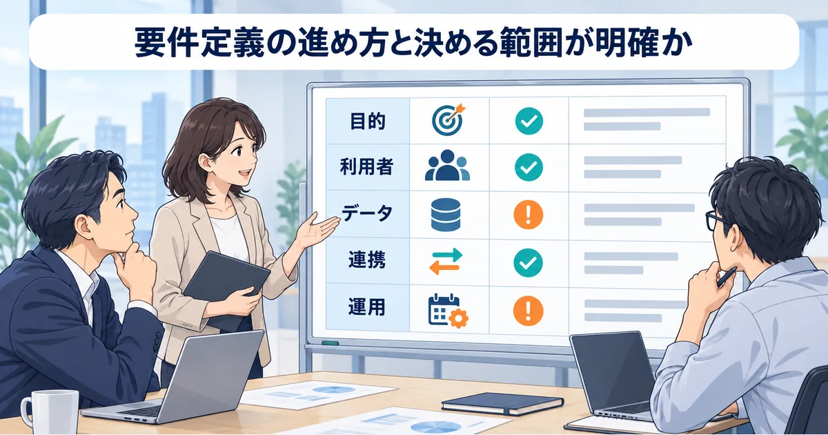 AIシステム開発の要件定義で、目的、利用者、データ、連携、運用の項目を表にして確認しているイメージ