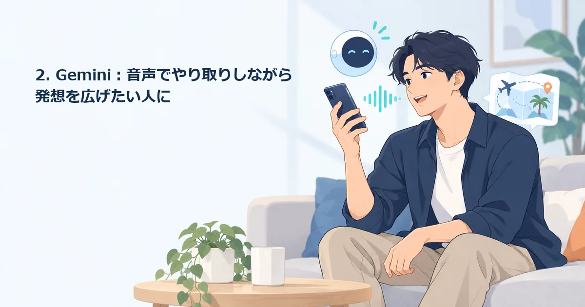 スマートフォンに向かって音声でAIと英会話やアイデア相談をする利用イメージ