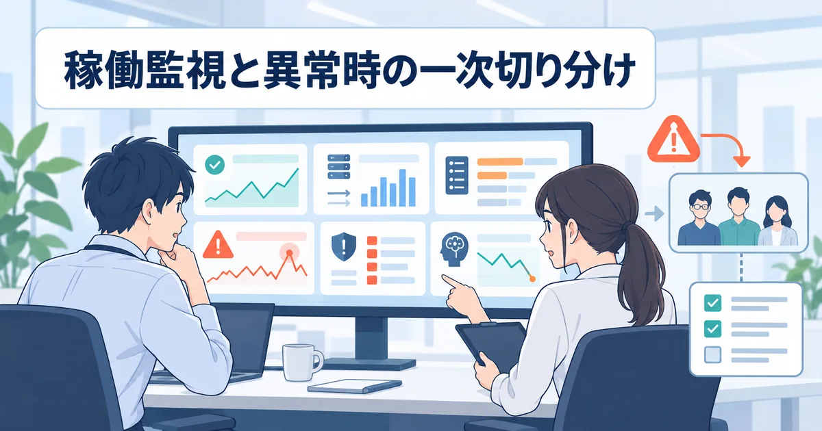 AIシステムの導入後に監視項目と改善タスクをダッシュボードで整理する運用チームの様子