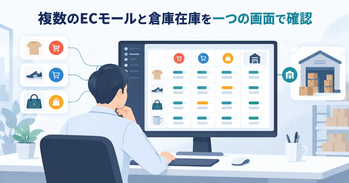 複数のECモールと倉庫在庫を一つの画面で確認する連携イメージ