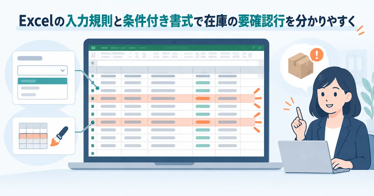 Excelの入力規則と条件付き書式で在庫の要確認行を分かりやすくした画面イメージ