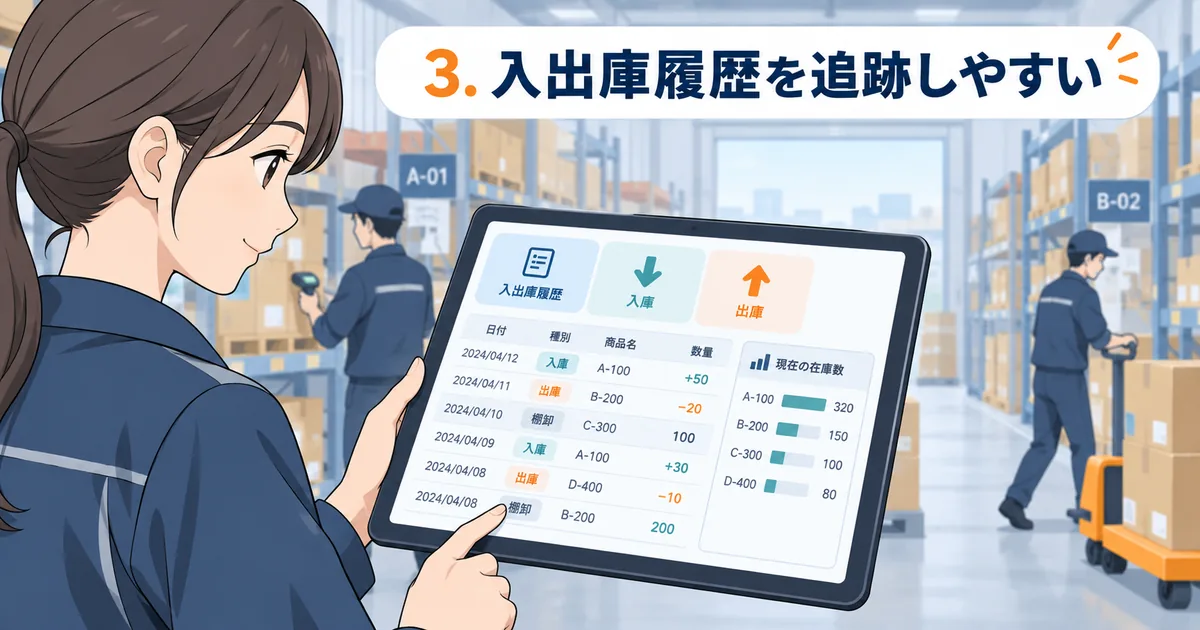 倉庫でタブレットを使って入出庫と在庫数を確認しているイメージ