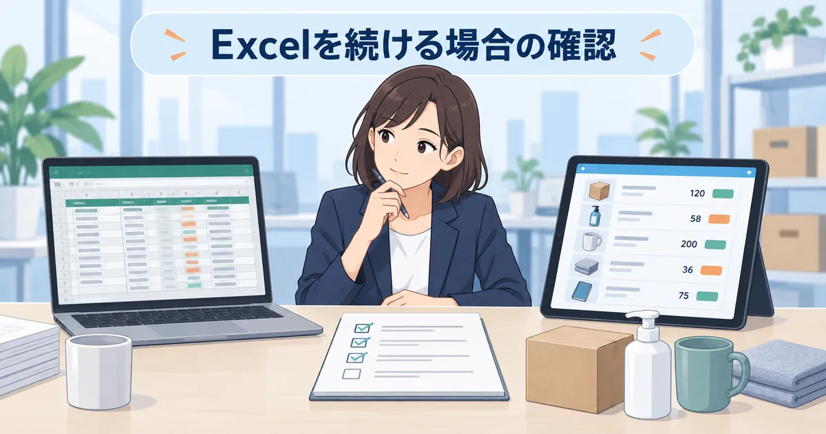 Excelの在庫表と在庫管理アプリの画面を並べて運用方法を比較しているイメージ