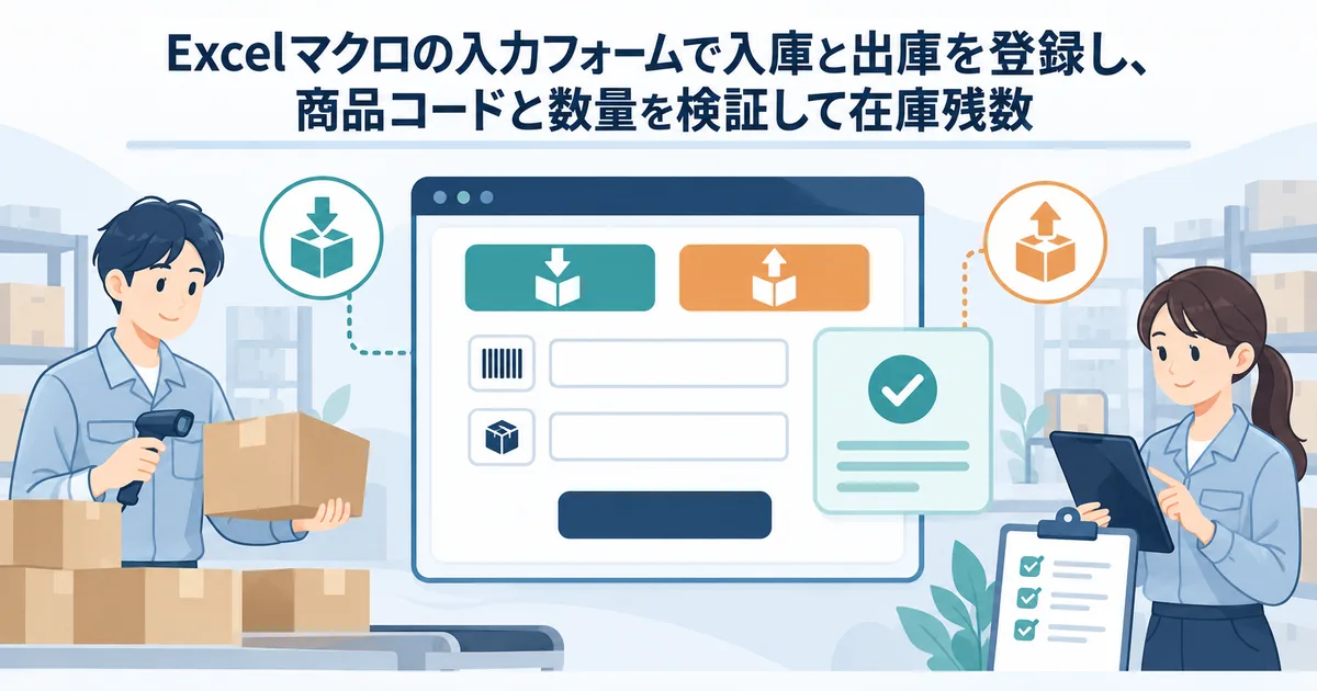 Excelマクロの入力フォームで入庫と出庫を登録し、商品コードと数量を検証して在庫残数を更新する業務イラスト
