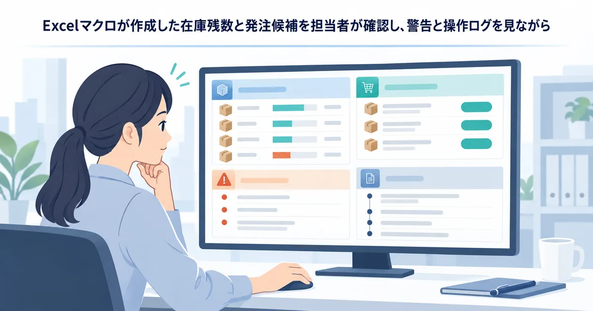 Excelマクロが作成した在庫残数と発注候補を担当者が確認し、警告と操作ログを見ながら承認する業務イラスト