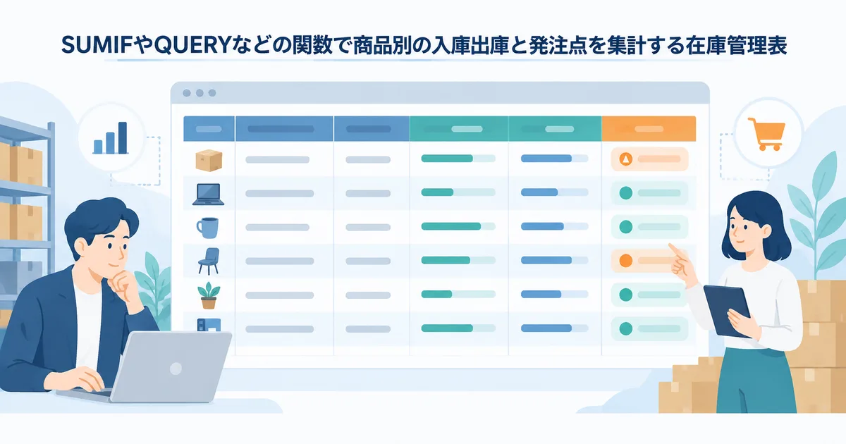 SUMIFやQUERYなどの関数で商品別の入庫出庫と発注点を集計する在庫管理表