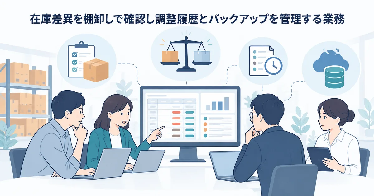 在庫差異を棚卸しで確認し調整履歴とバックアップを管理する業務のイラスト