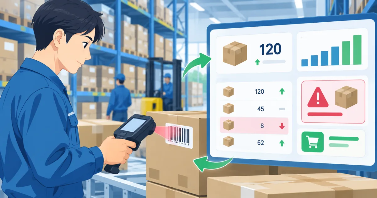 Power Appsのバーコード読み取りで商品を特定し数量を確認する現場操作のイメージ