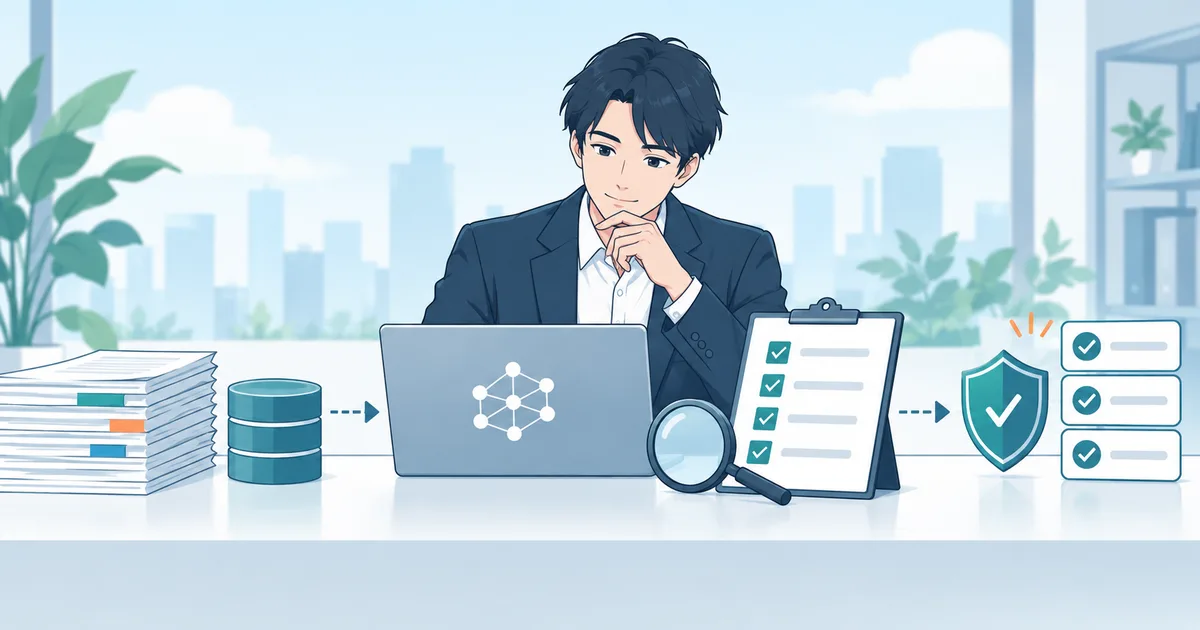 業務資料とデータを基に、AIシステムの評価項目と情報管理を確認する担当者