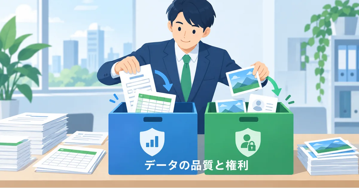 AI開発に使うデータの品質と権利を確認する図