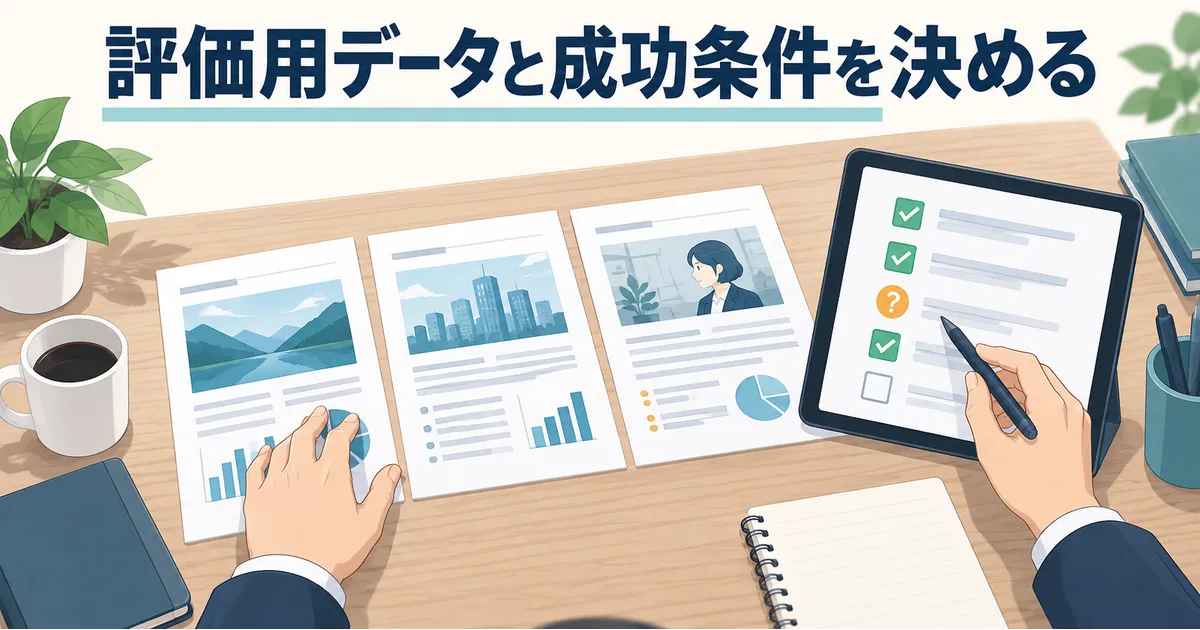 机の上に並べた評価用の資料とチェック用紙を担当者が照合し、試作の結果を確認するイラスト