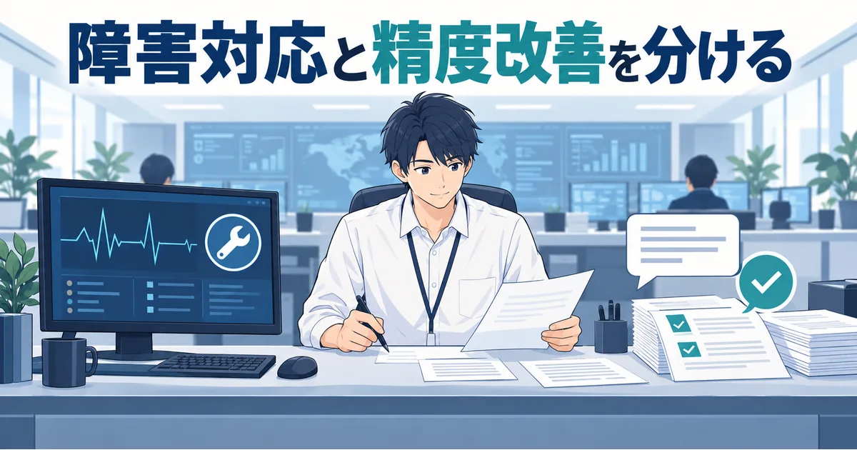 運用担当者が稼働状況の画面と回答の確認用紙を使い、障害対応と回答品質の改善を分けて管理するイラスト