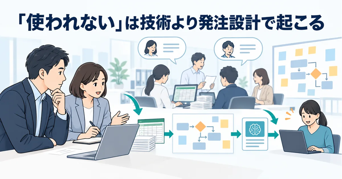 AI導入の発注先を選ぶための業務観察と現場ヒアリングのイメージ