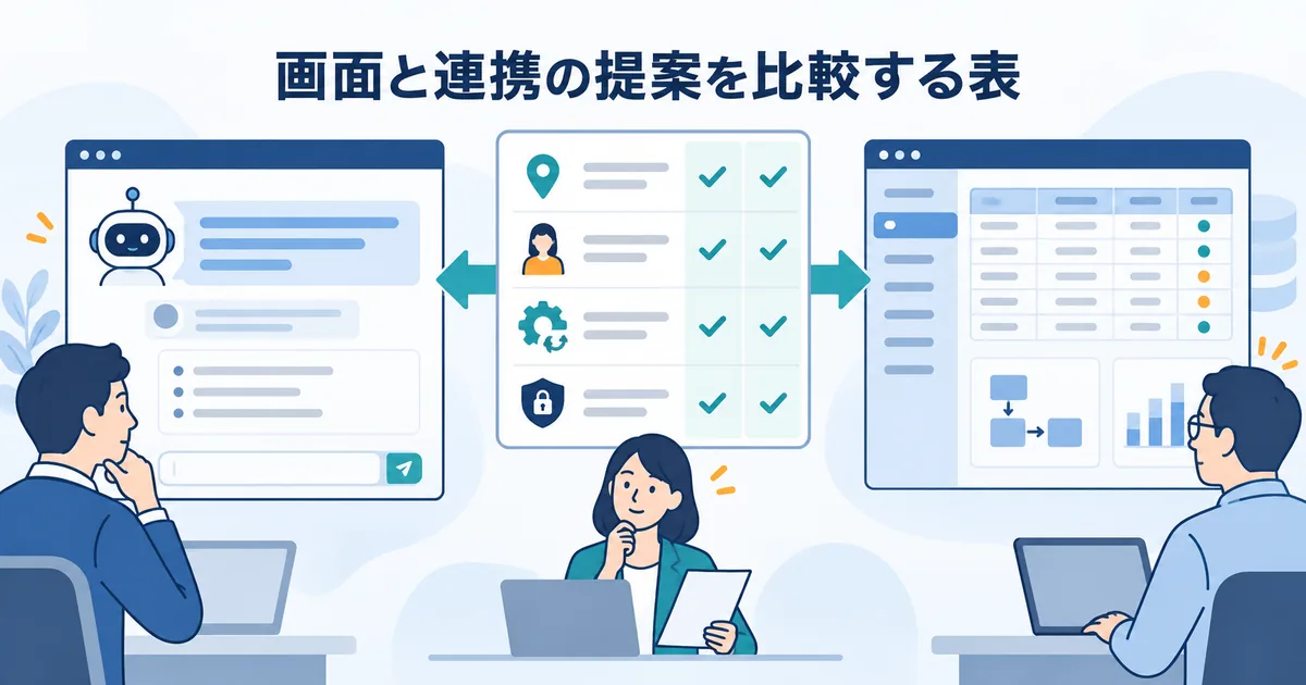 AIの回答画面と既存業務システムを連携するUI設計のイメージ