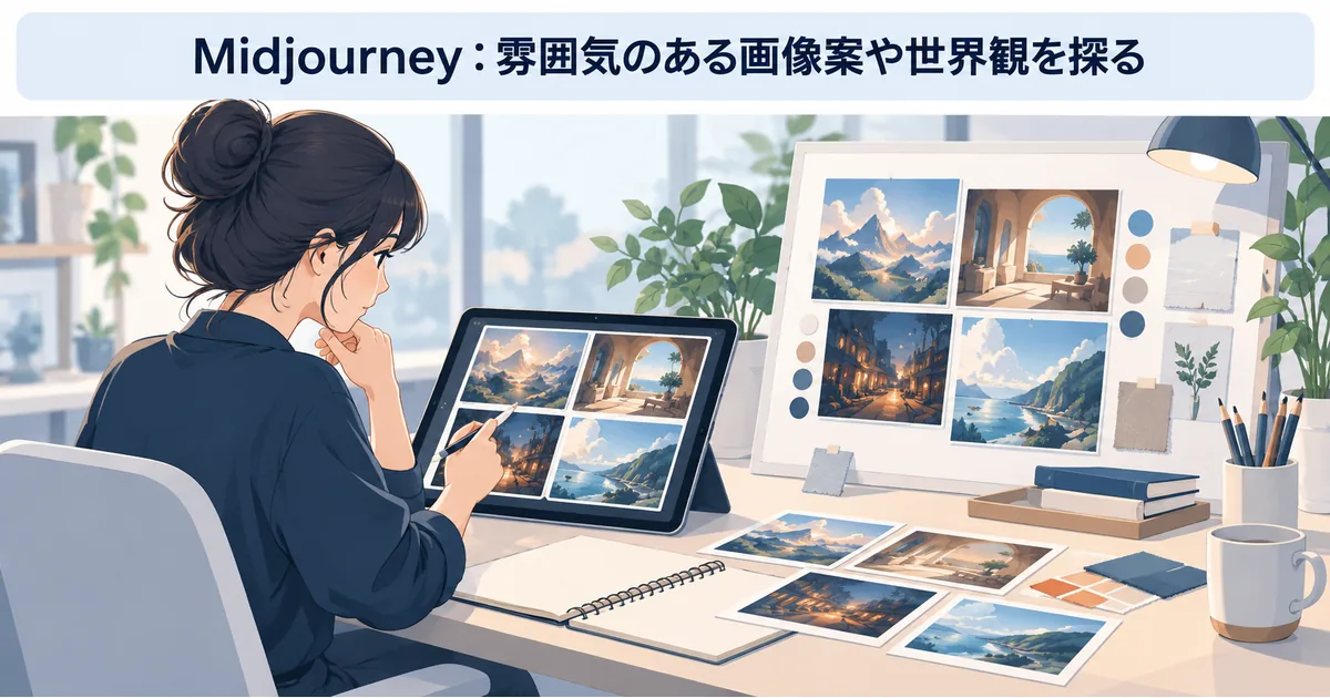 生成したビジュアルをテンプレートや編集ツールで資料に組み込む制作画面