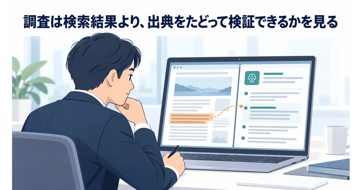 出典元のページを開きながら調査結果の要点と根拠を照合する担当者のイメージ