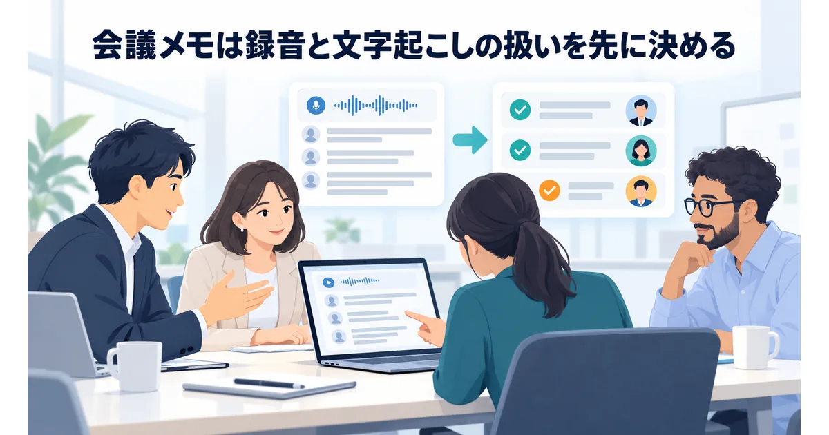 会議の文字起こしから決定事項と担当者を整理し、参加者が内容を確認しているイメージ