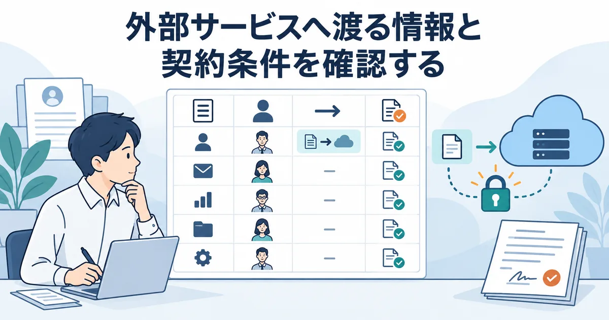 AI導入前にデータの種類、管理責任者、外部サービスへの送信条件を一覧表で確認するイラスト