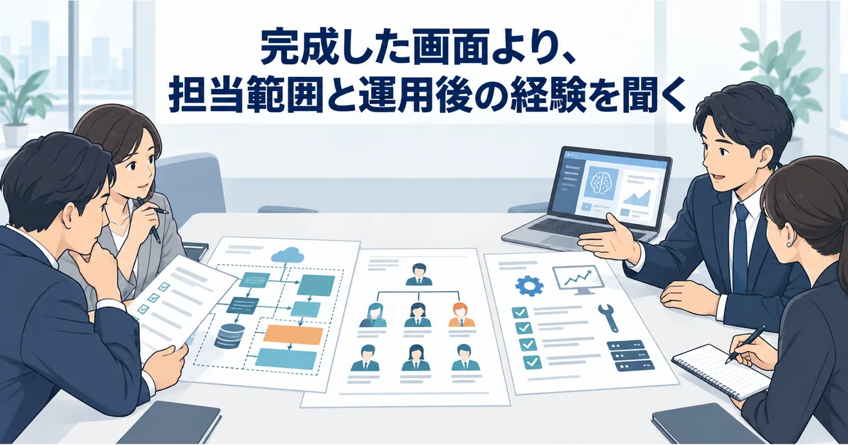 AI開発会社との商談で、発注側が実績の担当範囲、開発体制、運用経験の資料を並べて確認している場面