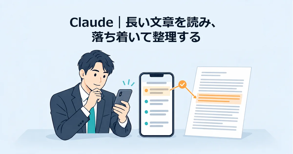 Claudeアプリで長文の内容を質問し、要点をスマートフォン上で整理するイメージ